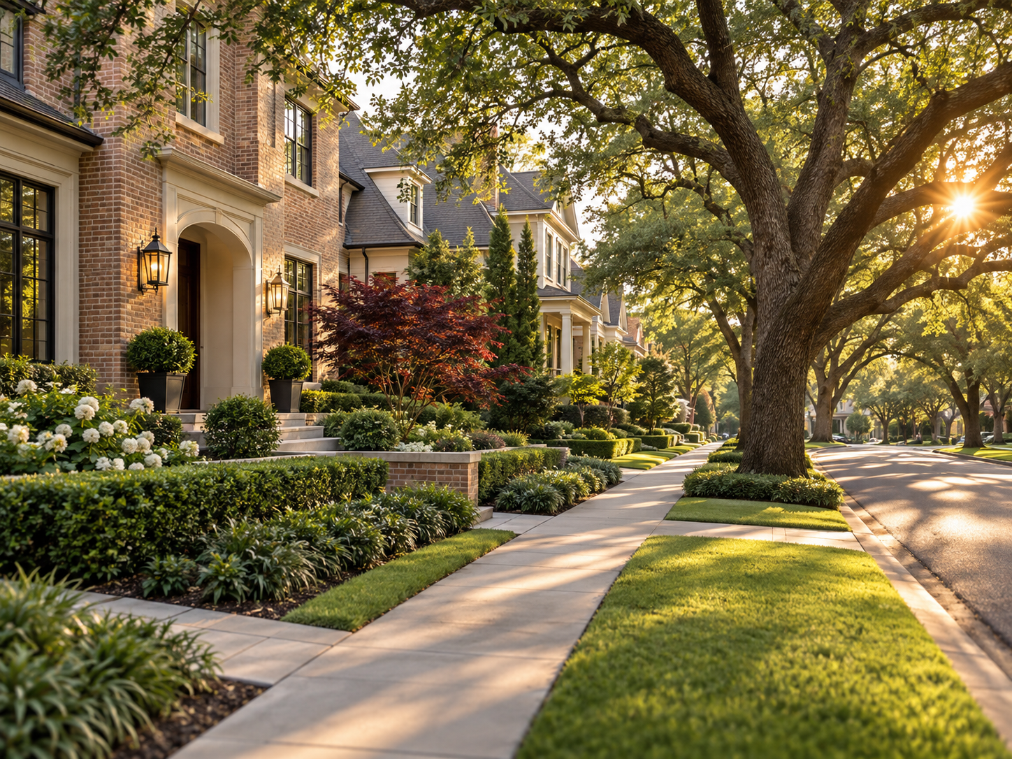 A leafy Houston neighborhood in warm evening light